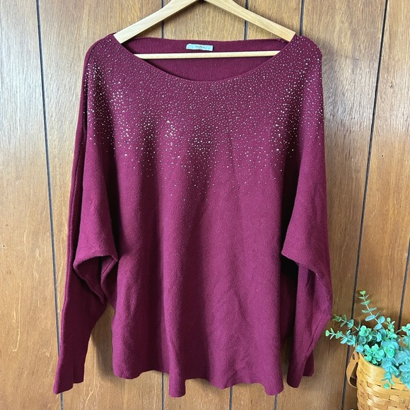 Vika M Milano Sweaters - Vila Milano Woman Rhinestone Embellished Batwing Sweater Burgundy Holiday Party